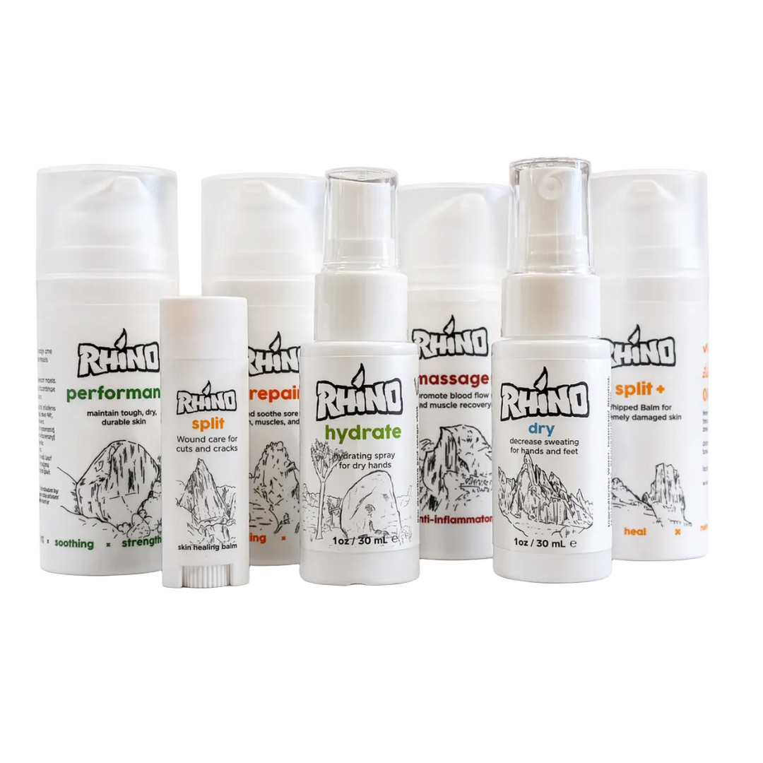 Set of Rhino skincare and performance products on a white background