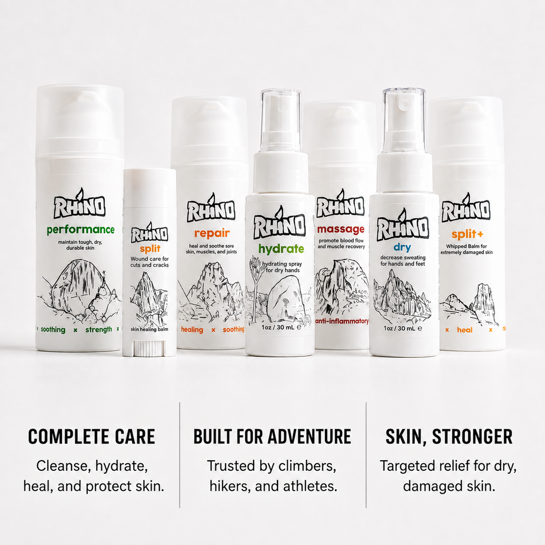 Six Rhino brand skincare bottles and tubes arranged on a white surface against a light gray background, with three text panels below. The products are white containers with black line drawings and multicolored headings including performance, split, repair, hydrate, massage, and dry.