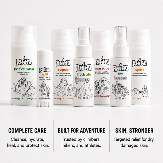 Six Rhino brand skincare bottles and tubes arranged on a white surface against a light gray background, with three text panels below. The products are white containers with black line drawings and multicolored headings including performance, split, repair, hydrate, massage, and dry.