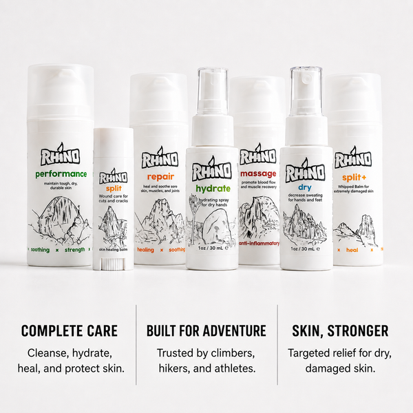 Six Rhino brand skincare bottles and tubes arranged on a white surface against a light gray background, with three text panels below. The products are white containers with black line drawings and multicolored headings including performance, split, repair, hydrate, massage, and dry.