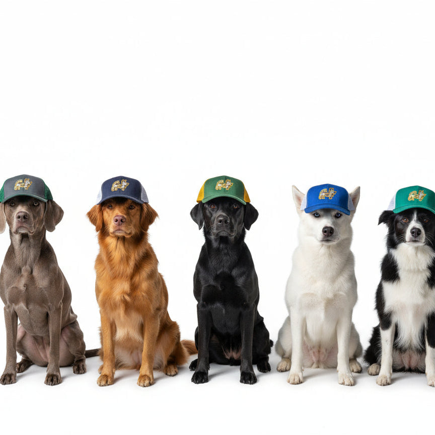 Colorful hats on adogs