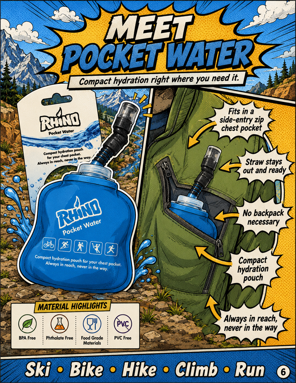 Promotional product graphic for the Rhino Pocket Water hydration pouch. The blue pouch is shown both in its retail blister packaging and inserted into a green backpack on a mountain trail.