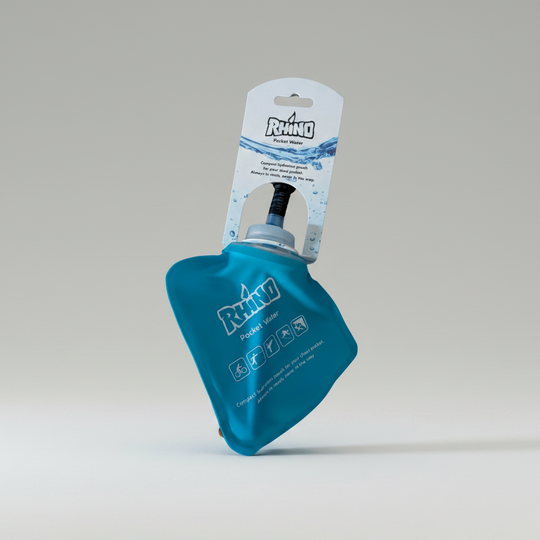 A blue pocket water pouch with a black straw and a white hanging retail card labeled Rhino Pocket Water, shown on a plain white background.