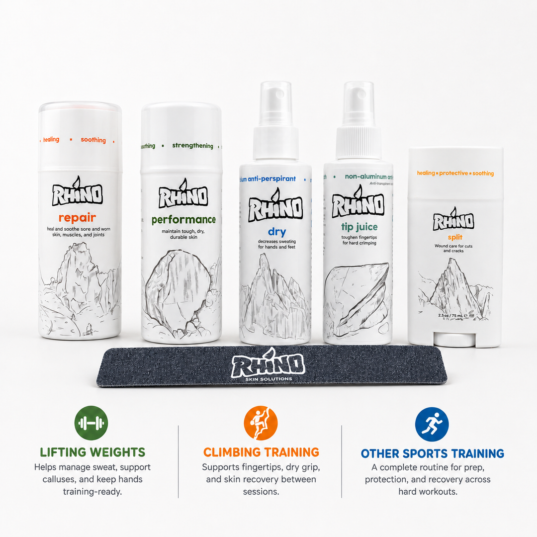 A set of Rhino brand athletic recovery products arranged on a white background with three colored informational banners below. The products include a white spray can labeled 'repair', a white bottle labeled 'performance', a white spray bottle labeled 'dry', a white spray bottle labeled 'lip juice', and a white tube labeled 'sweat'.
