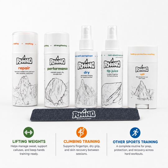 A set of Rhino brand athletic recovery products arranged on a white background with three colored informational banners below. The products include a white spray can labeled &