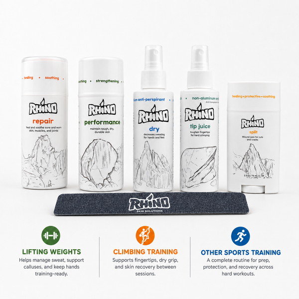 A set of Rhino brand athletic recovery products arranged on a white background with three colored informational banners below. The products include a white spray can labeled 'repair', a white bottle labeled 'performance', a white spray bottle labeled 'dry', a white spray bottle labeled 'lip juice', and a white tube labeled 'sweat'.