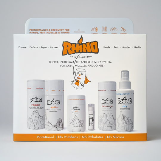 Rhino topical performance and recovery system packaging with various bottles on a white background