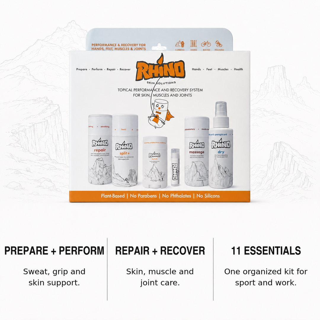 A boxed top-of-line RHINO recovery and performance system kit shown on a clean white background with marketing text below. The package contains several white bottles and tubes with orange, black, and gray labeling.