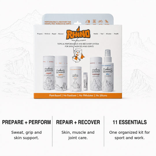 A boxed top-of-line RHINO recovery and performance system kit shown on a clean white background with marketing text below. The package contains several white bottles and tubes with orange, black, and gray labeling.