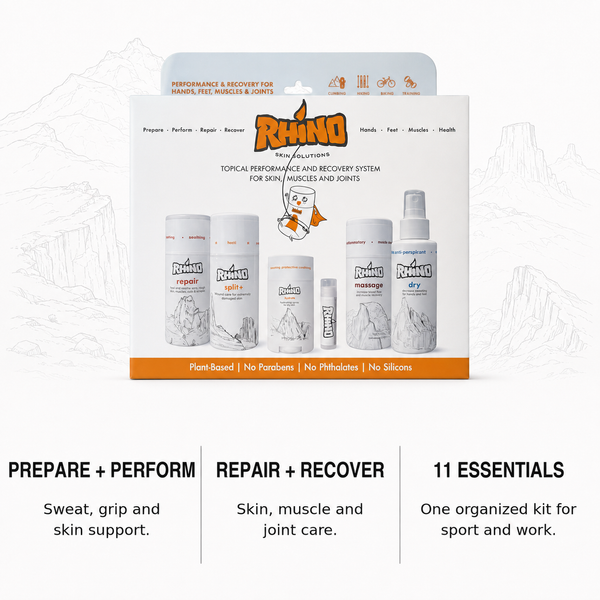 A boxed top-of-line RHINO recovery and performance system kit shown on a clean white background with marketing text below. The package contains several white bottles and tubes with orange, black, and gray labeling.