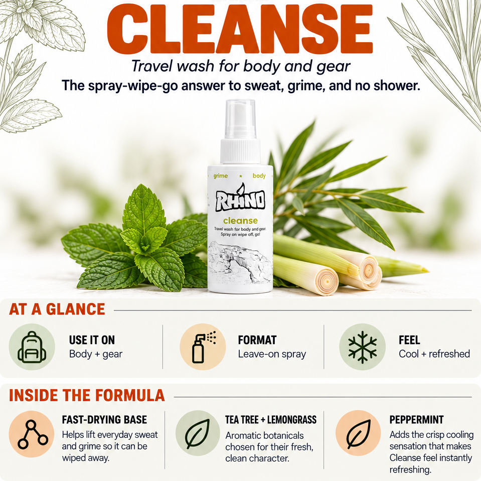 Rhino Cleanse product overview card — travel wash for body and gear: spray on, wipe off, go. Formula highlights, use cases, and smart-use tips.