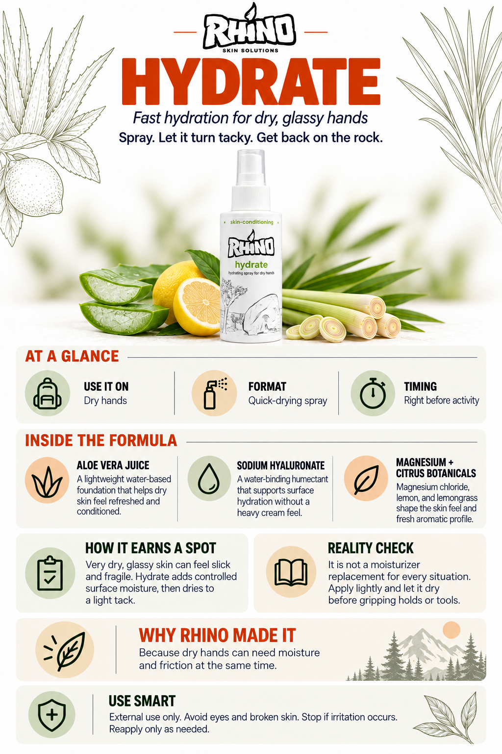Rhino Hydrate product overview card — fast hydrating spray for dry, glassy hands with aloe and hyaluronic acid. Formula highlights and use tips.