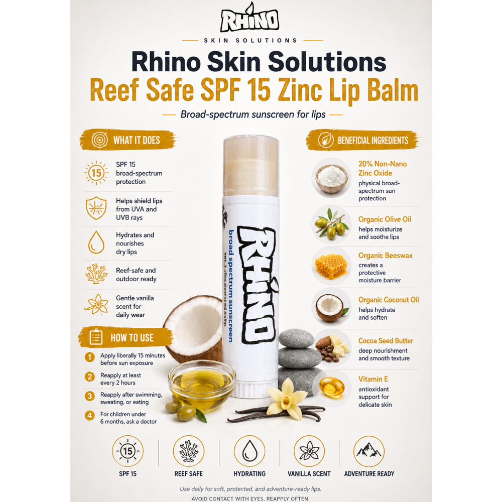 Rhino Skin Solutions Reef Safe SPF 15 Zinc Lip Balm packaging with product details and benefits.
