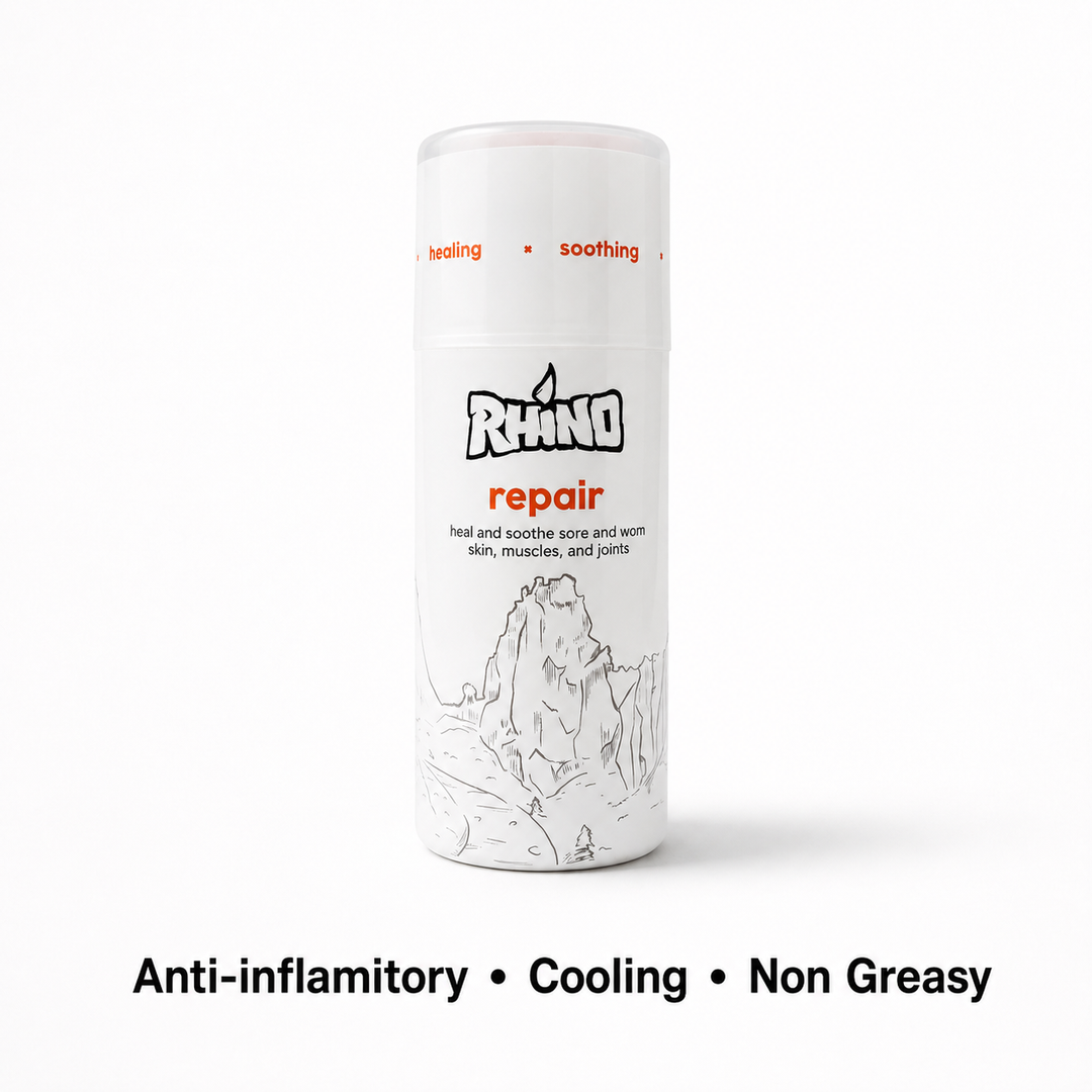 A white cylindrical canister of Rhino Repair cream with orange and black text, shown on a white background with the text 'Anti-inflammatory • Cooling • Non Greasy' underneath.