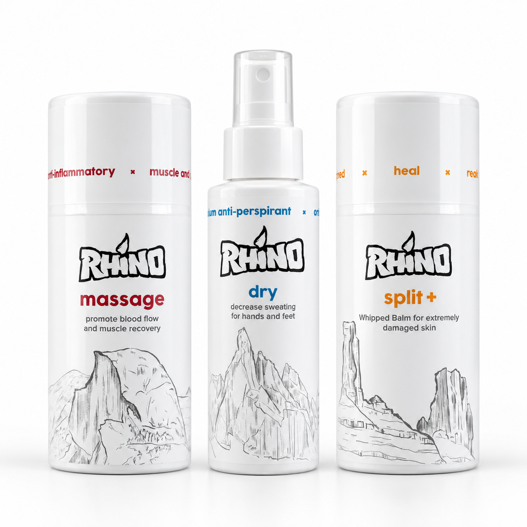Rhino Foot Kit — Dry Spray, Split+, and Massage Cream, three 3.4 oz bottles for skin, muscles, and joints