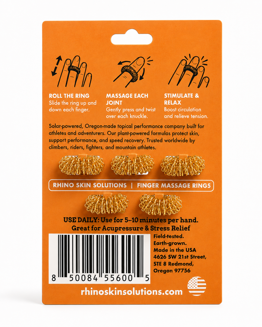 Orange retail backing card for Rhino Skin Solutions finger massage rings, showing product names, usage instructions, a barcode, and product photos of textured gold-toned rings.