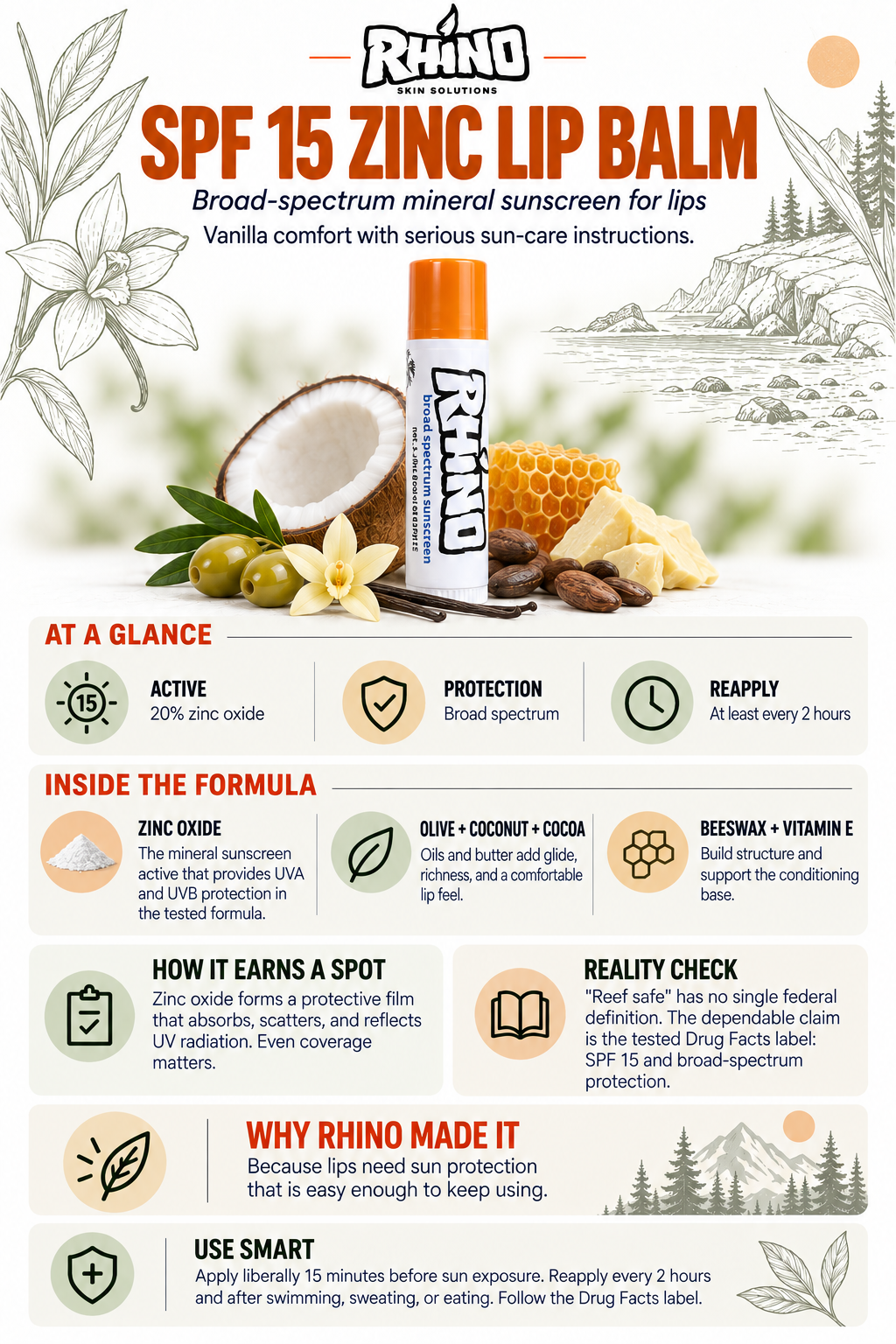 Rhino Reef Safe SPF 15 Zinc Lip Balm product overview card — mineral sun protection with gentle vanilla scent. Formula highlights and use tips.
