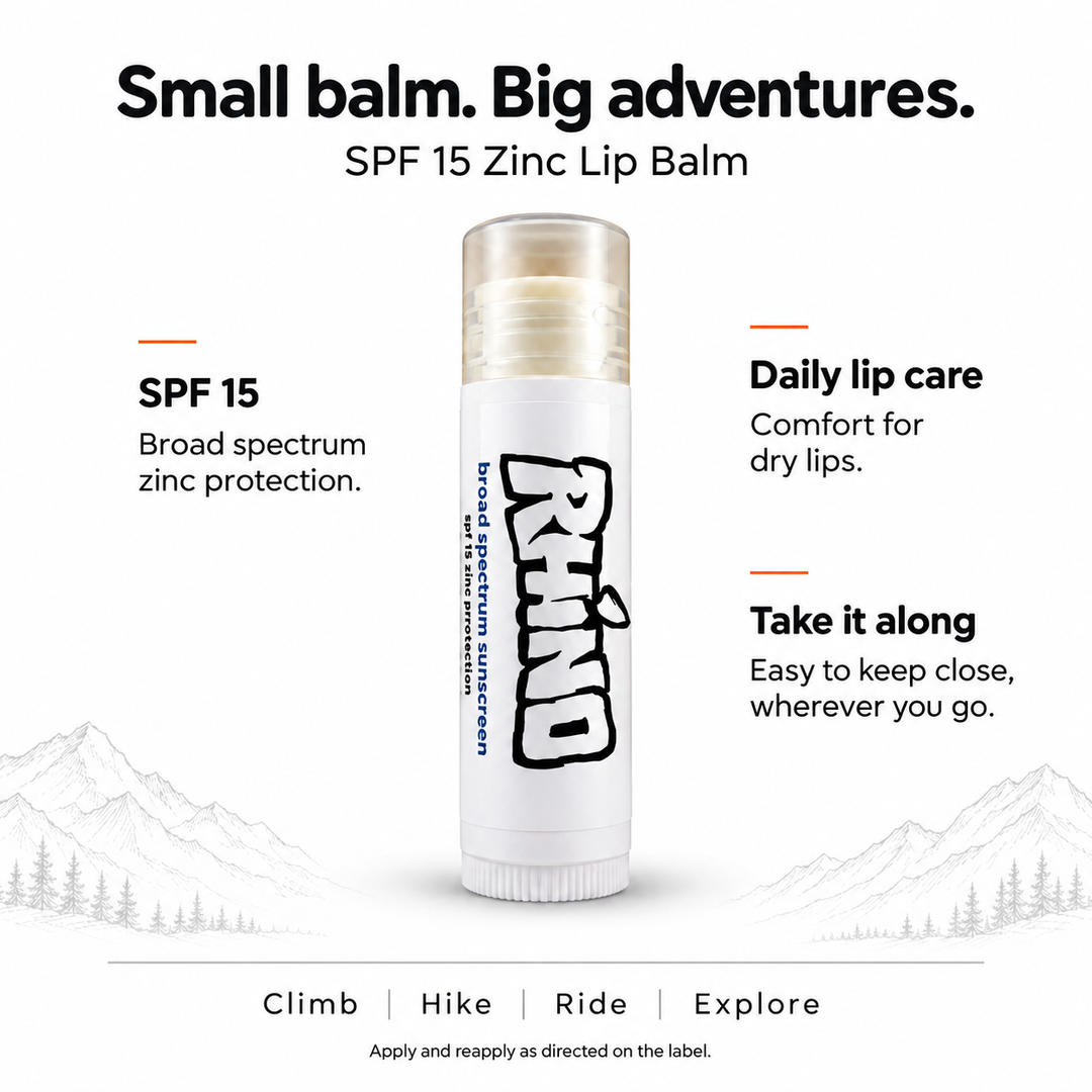 A single tube of lip balm centered on a white background with marketing text around it. The product is labeled &