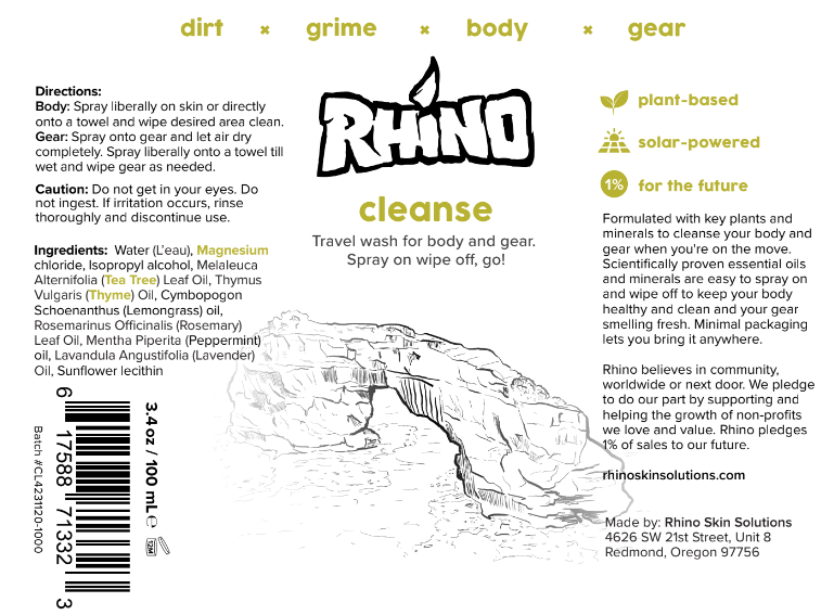 The label for Rhino Cleanse might typically include the product name "Rhino Cleanse Spray," followed by a brief description such as "Antifungal & Antibacterial Body Cleaner" and key features like "Post-Workout & Adventure Gear Cleaner." It would also highlight natural ingredients like tea tree oil and menthol, and instructions for use such as "Spray on skin or gear and wipe off." The label might also include the brand logo, directions, ingredients, and safety warnings.