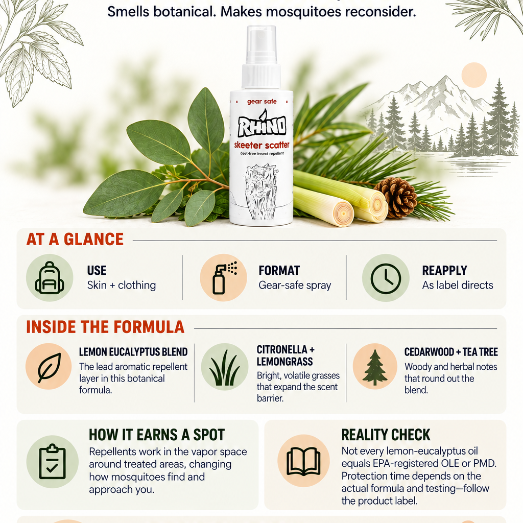 Rhino Skeeter Scatter product overview card — DEET-free natural insect repellent for outdoor adventure. Formula highlights and use tips.