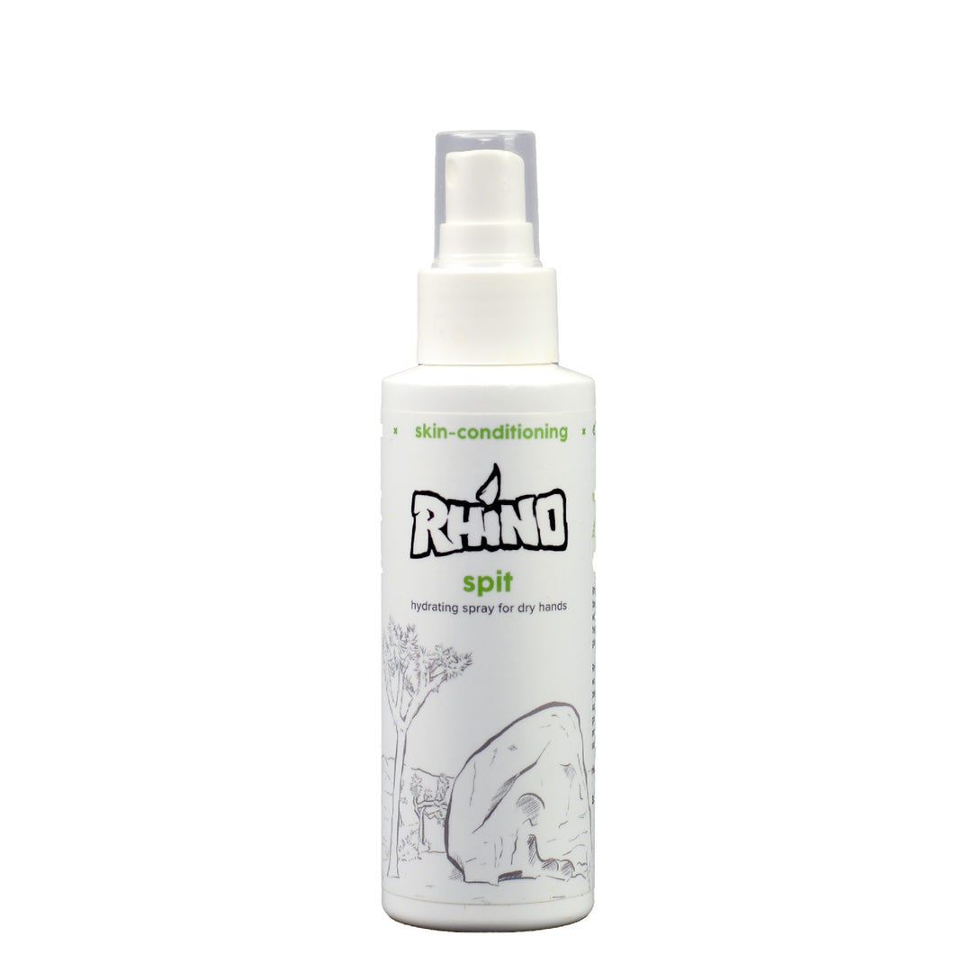 Rhino Spit Spray in a 3.4 oz bottle with an easy-to-use spray nozzle, featuring the Rhino Skin Solutions logo. This hydrating spray is perfect for rock climbers, weightlifters, and athletes looking to maintain optimal skin condition and reduce dryness. Formulated with natural ingredients, Spit Spray provides quick hydration without leaving a residue, helping to soothe and protect the skin during climbing, lifting, and other strenuous activities.