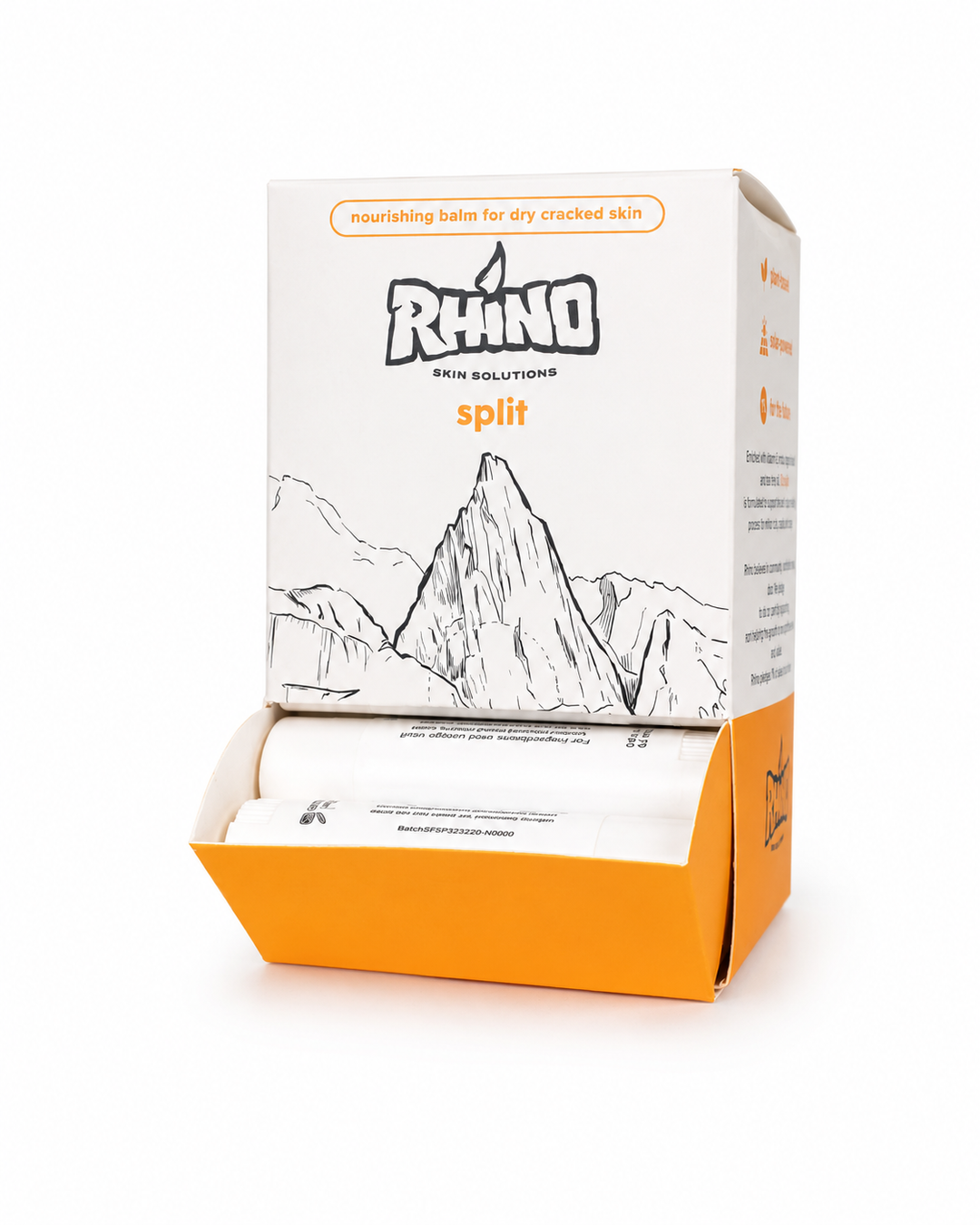A boxed skincare product labeled RHINO Skin Solutions split, shown in an open carton with white tubes inside. The box is white with orange accents and a black line drawing of a mountain, photographed on a clean white background.