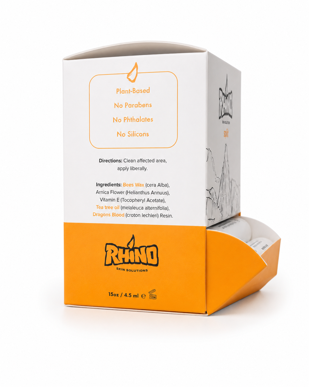 A boxed skincare product labeled Rhino , shown in its retail carton with a small amount of white cream visible in the front tray. The box is white and bright orange with black text and line art, photographed on a clean white background.