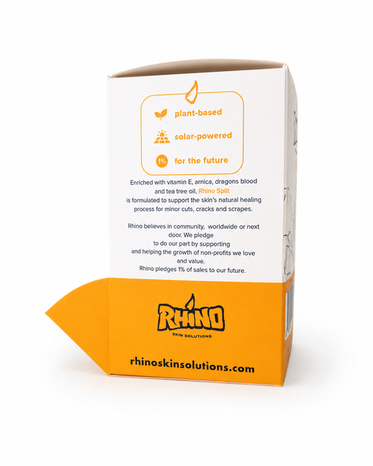 A product box for Rhino Skin Solutions, shown from the back side with a folded orange flap. The box is white with orange text and graphics, including the brand logo and website rhinoskinsolutions.
