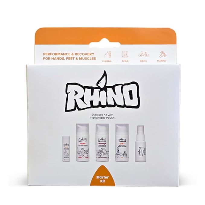 Entry-point bundle: For someone new to Rhino Skin Solutions, this pack gives a broad sample of your hero products.

Cross-activity appeal: Because it covers grip (Spit+), sweat control (Dry Spray), repair (Repair & Split Stick), and recovery (Massage Cream), it applies to a variety of “active lifestyle” verticals (climbing, skiing, disc golf etc) which you’re working.

Giftable / travel-friendly: The pouch plus smaller sizes makes it gift-appropriate or “try-me” friendly.

Brand story leverage: The “hand-ma
