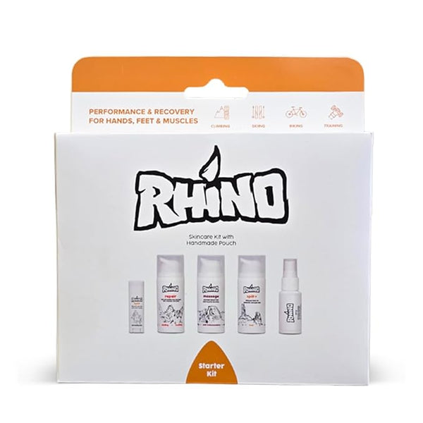 Entry-point bundle: For someone new to Rhino Skin Solutions, this pack gives a broad sample of your hero products.

Cross-activity appeal: Because it covers grip (Spit+), sweat control (Dry Spray), repair (Repair & Split Stick), and recovery (Massage Cream), it applies to a variety of “active lifestyle” verticals (climbing, skiing, disc golf etc) which you’re working.

Giftable / travel-friendly: The pouch plus smaller sizes makes it gift-appropriate or “try-me” friendly.

Brand story leverage: The “hand-ma