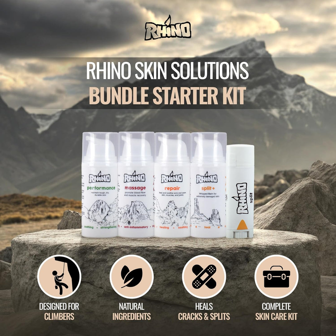 Rhino Skin Solutions Starter Pack with Repair, Dry, Spit+, Massage Cream, and Split Stick in handmade pouch