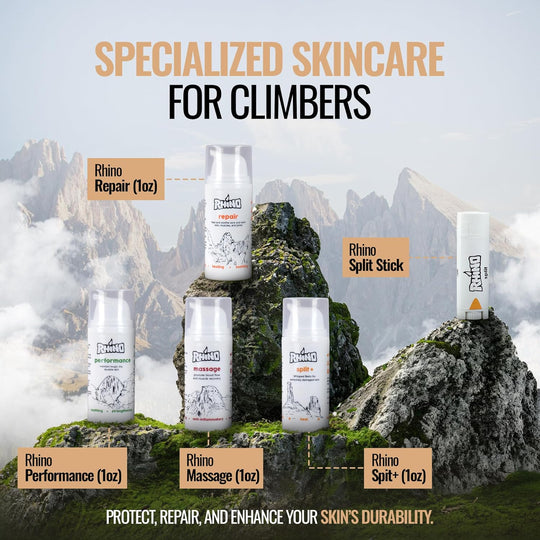 Handmade pouch containing Rhino Skin Solutions Repair, Dry, Spit+, Massage Cream, and Split balm