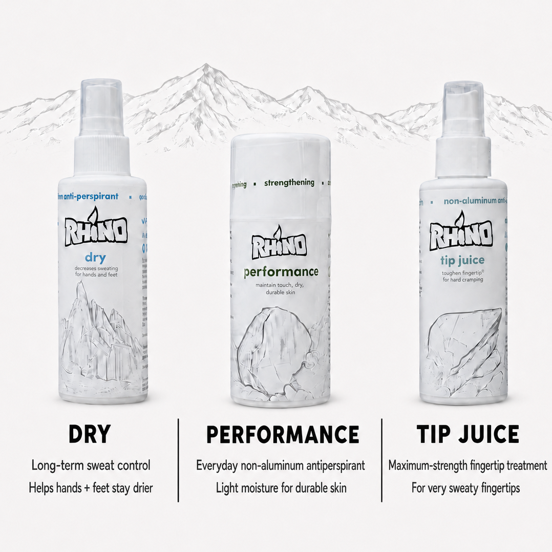 Three Rhino brand foot care spray bottles shown on a light gray background with mountain line art and text labels: Dry, Performance, and Tip Juice, plus the headline '3 Products | One Complete System'.