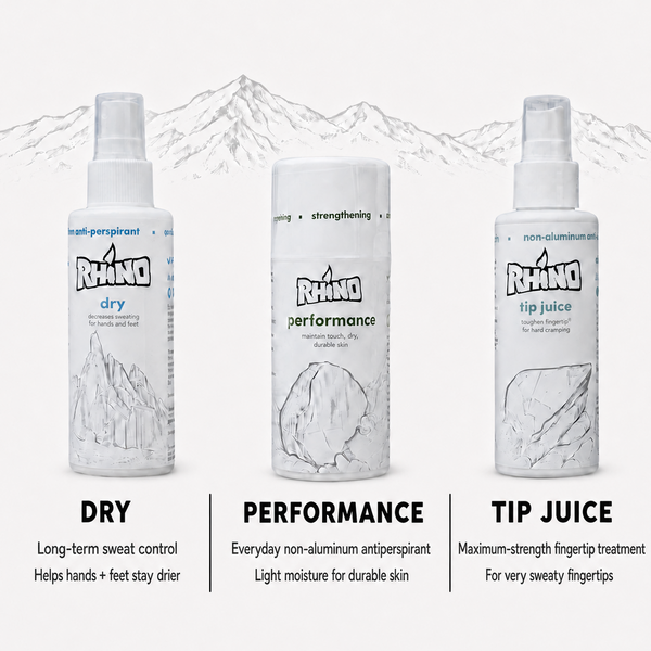 Three Rhino brand foot care spray bottles shown on a light gray background with mountain line art and text labels: Dry, Performance, and Tip Juice, plus the headline '3 Products | One Complete System'.