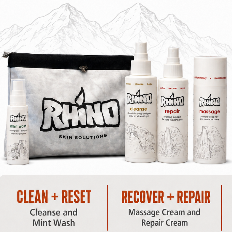 Promotional graphic for Rhino Skin Solutions showing a fighter holding a championship belt next to a set of skincare products including a pouch, cleanser, repair cream, and massage cream. The text highlights training, skin, and recovery benefits.