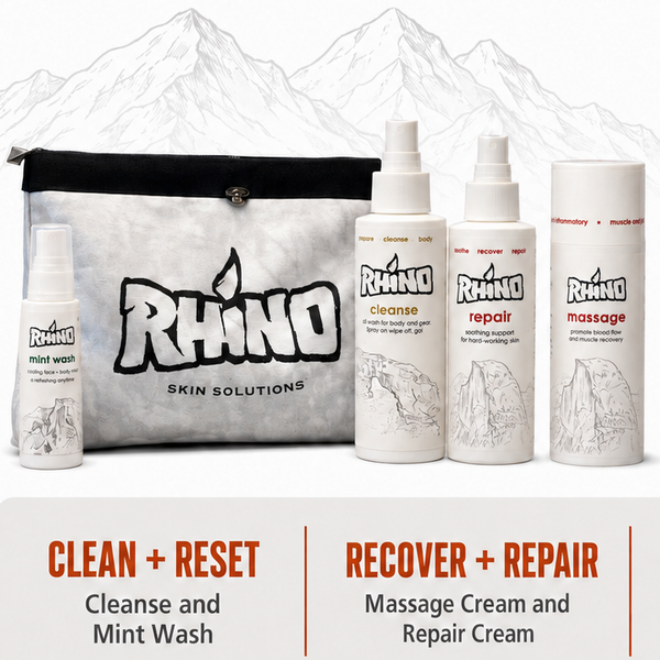 Promotional graphic for Rhino Skin Solutions showing a fighter holding a championship belt next to a set of skincare products including a pouch, cleanser, repair cream, and massage cream. The text highlights training, skin, and recovery benefits.