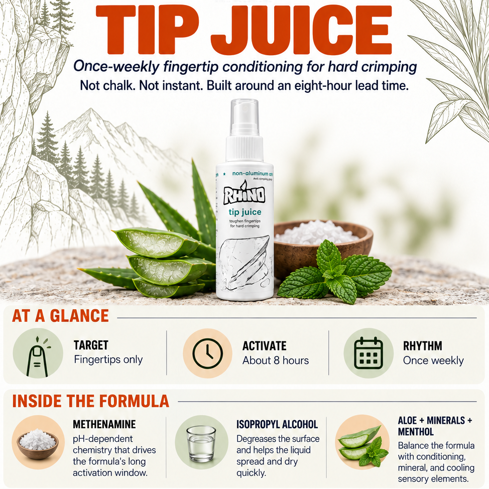 Rhino Tip Juice product overview card — maximum-strength fingertip skin toughener for sweaty tips. Formula highlights and use tips.