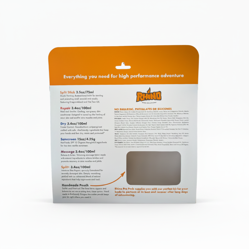 Product packaging with text and a logo on a white background