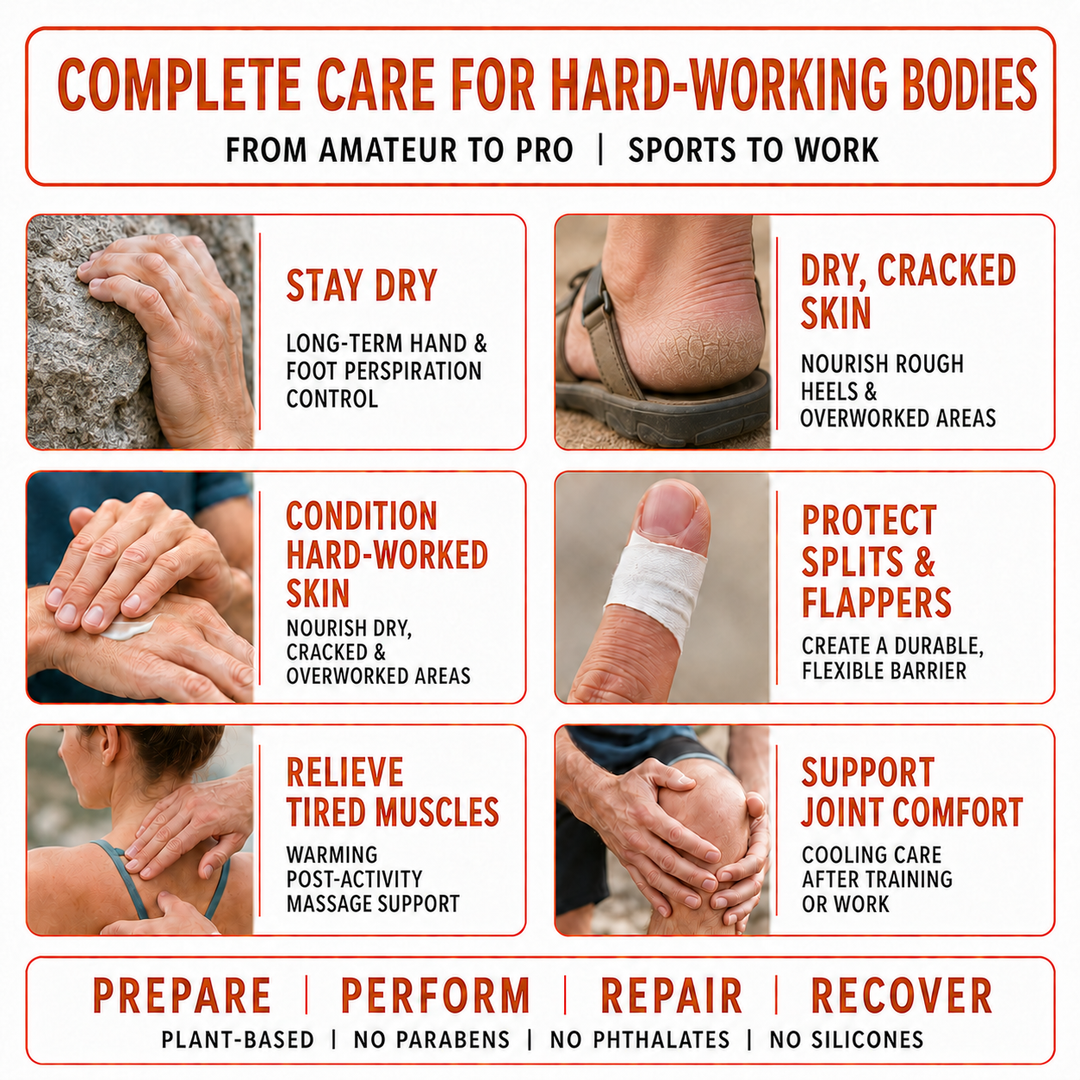 An informational infographic with six panels showing close-up photos of hands, feet, and a wrist/ankle, accompanied by text about care for hard-working bodies. The design uses a white background with orange and dark red typography and border lines.