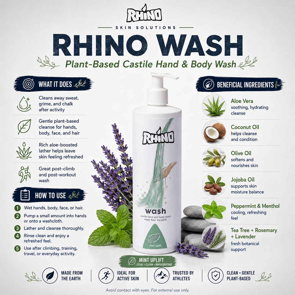 Rhino Wash plant-based castile hand and body wash with ingredients and benefits on a white background