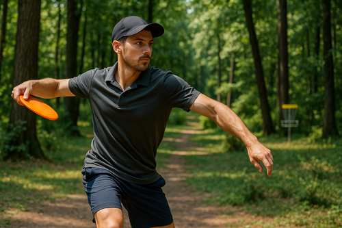 Disc golfer throwing a powerful drive at the Disc Golf Pro Tour, protected with Rhino Skin Solutions performance skincare for athletes.