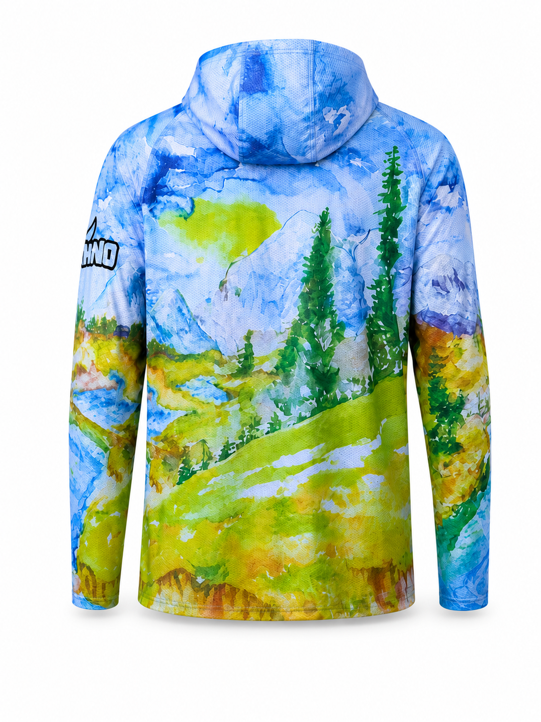 Colorful hoodie with a nature-themed design on a white background