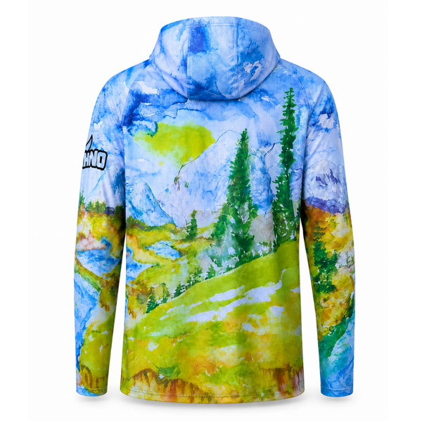 Colorful hoodie with a nature-themed design on a white background