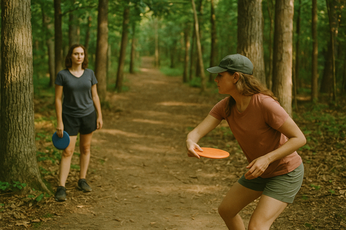 Just two women playing disc golf on a woods course.  Make it film quality to represent a real photo not ai crispness