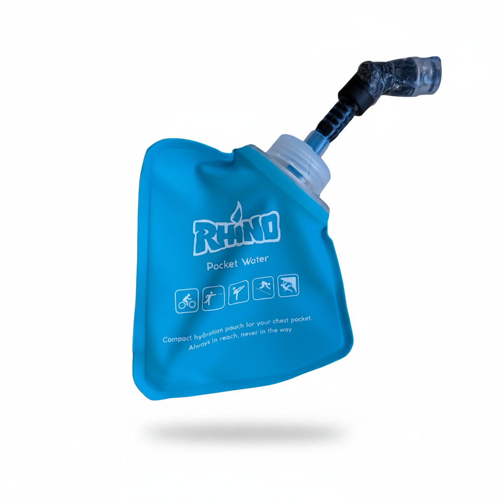 A blue Rhino Pocket Water hydration pouch with a black and blue drinking tube, shown on a plain white background.