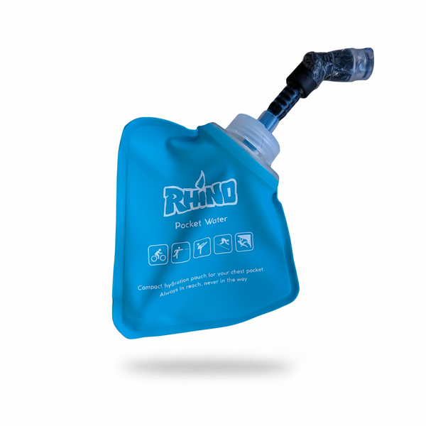 A blue Rhino Pocket Water hydration pouch with a black and blue drinking tube, shown on a plain white background.