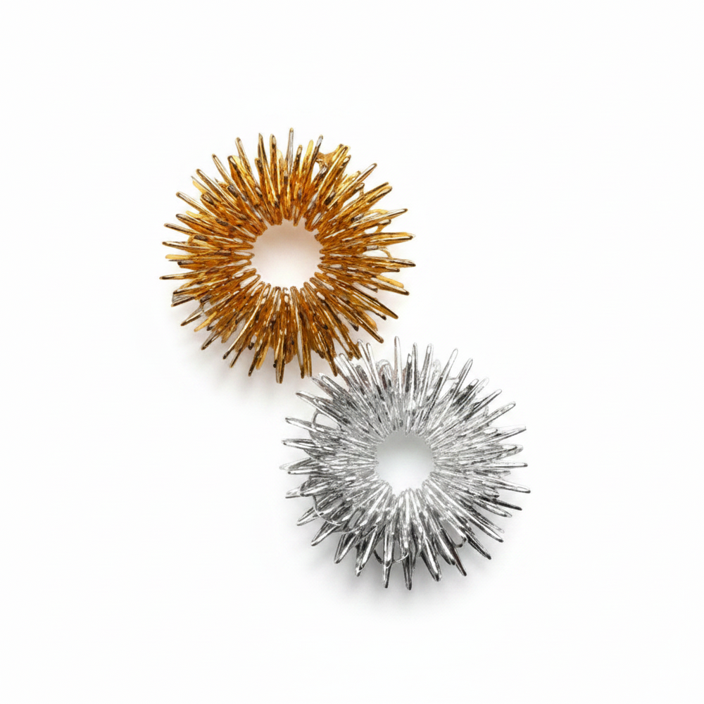 Spring steel finger massage rings. Welded ends for extra durability. A finger massage ring is a small, spiked ring designed to be rolled up and down your fingers. It stimulates acupressure points, improves blood circulation, and relieves tension or stiffness in the fingers. Commonly used in reflexology and as a stress-relief tool, it's beneficial for anyone who spends long periods typing, writing, or performing tasks that strain the hands and fingers. The gentle pressure from the ring promotes relaxation an