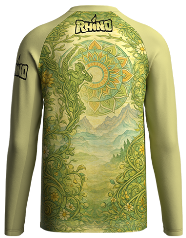 Long-sleeve shirt with artistic design on front and back, featuring a brand logo.
