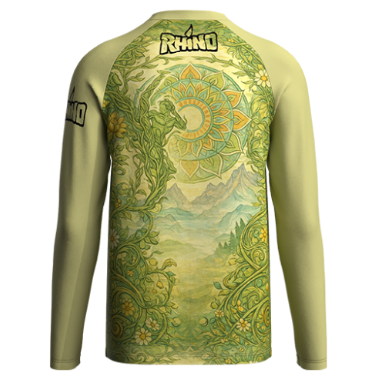 Long-sleeve shirt with artistic design on front and back, featuring a brand logo.