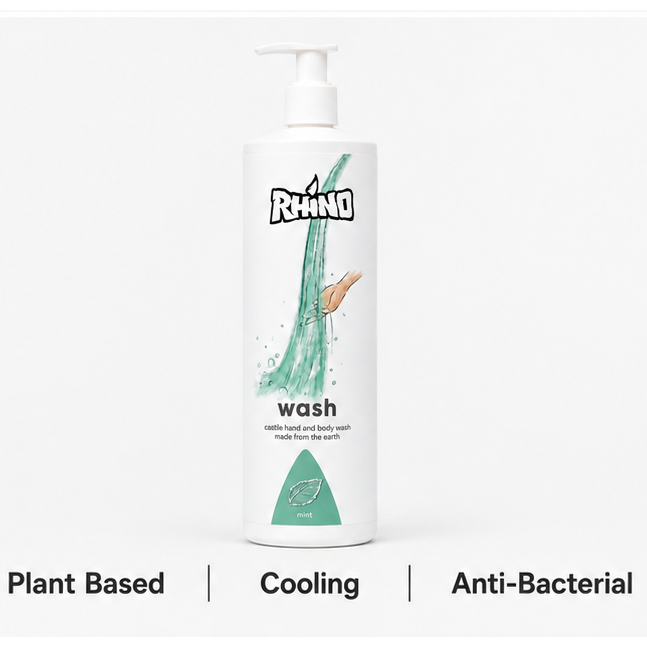 A white pump bottle of Rhino Wash hand sanitizer with a green splash graphic, centered on a white background with text below reading 'Plant Based | Cooling | Anti-Bacterial'.